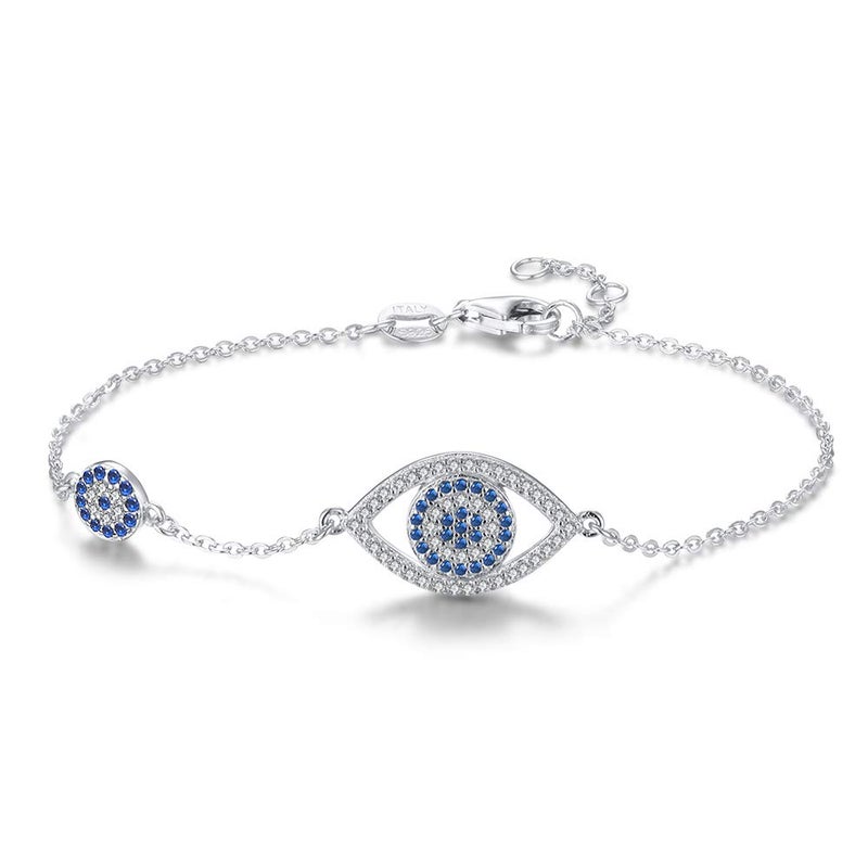 Kaletine Blue Evil Eyes Link Bracelet Sterling Silver 925 Cubic Zirconia Chain Adjustable 6.7" 7" 7.5"(Rhodium) - Image 1